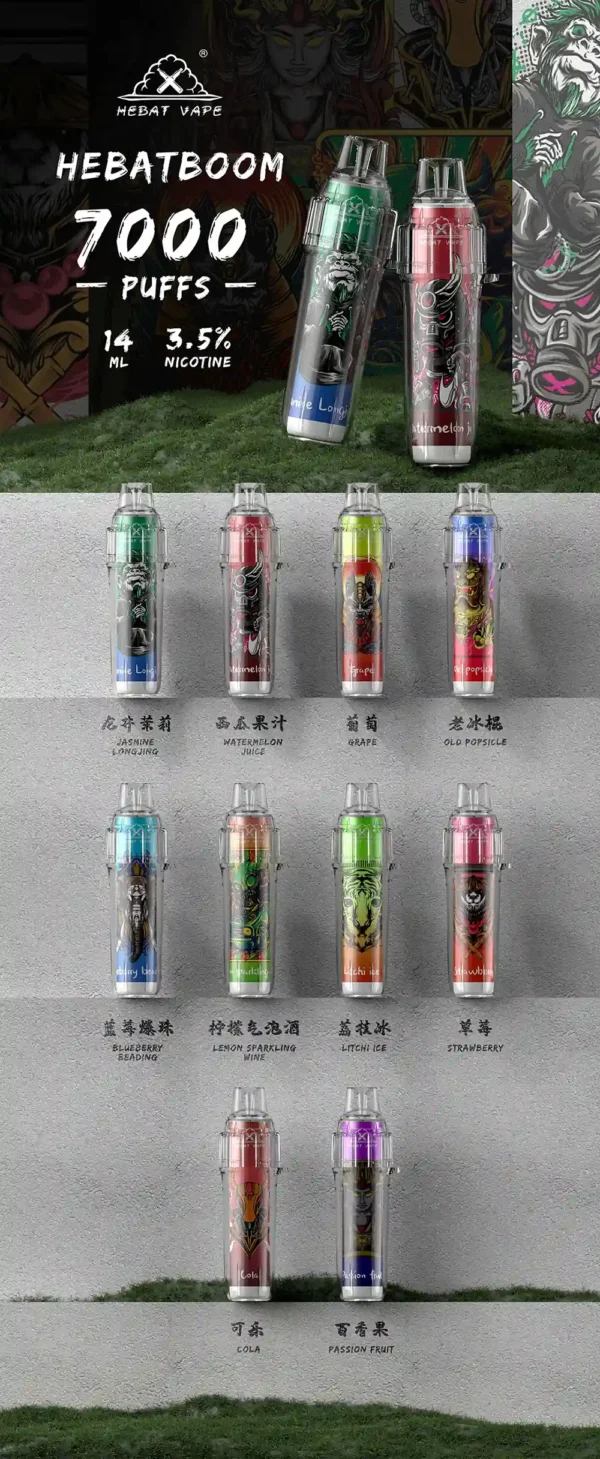 3c7b6159090b1f15eda83534671f250d-1.webp Hebat 喜貝 BOOM 7000口一次性小煙 採用1.2歐姆精準霧化發熱技術 3.5%尼古丁濃度配方 台灣現貨