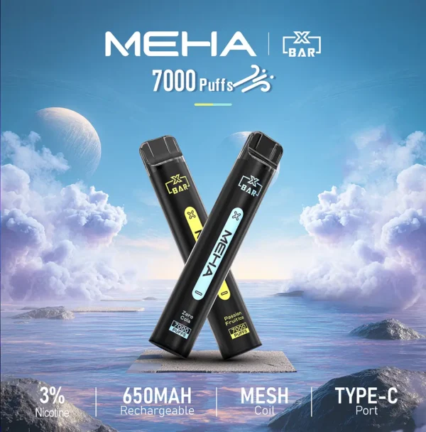 魅嗨 MEHA XBAR 小黑條 7000口 採用 Mesh 網綿芯霧化技術 與 Type-C 快充 打造極強冰感細膩口感