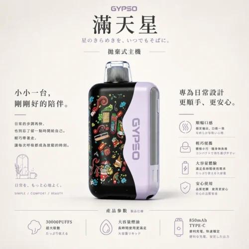 ChatGPT-Image-2026年8月20日-下午11_59_44.webp GYPSO 滿天星30000口拋棄式電子煙 14W-21W雙功率切換 掌上旗艦高規格機身 台灣現貨秒發