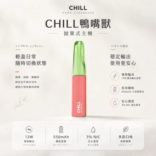ChatGPT-Image-2026年8月21日-上午01_39_37.webp CHILL 鴨嘴獸8800口拋棄式電子煙 續航怪獸隨身備用設備 550mAh電量 3%高滿足 台灣現貨