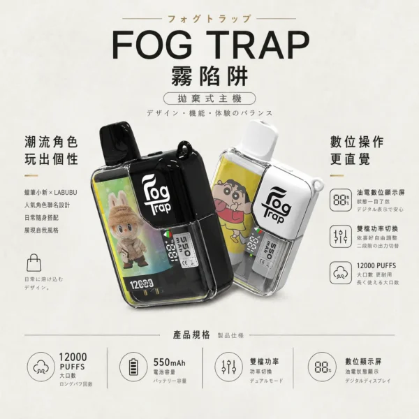 ChatGPT-Image-2026年8月22日-下午06_36_11.webp 【買十送一】Fog Trap 蠟筆小新×LABUBU 12000口拋棄式電子煙 隨身潮玩備用設備 油電雙顯 台灣現貨秒發