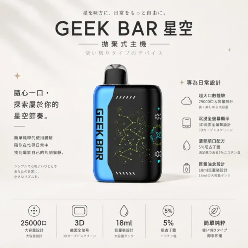 ChatGPT-Image-2026年8月22日-下午07_29_27.webp 【買5贈1】GEEK BAR Pulse X星空系列 25000口拋棄式電子煙 首創3D曲面全螢幕視覺旗艦定位 台灣現貨