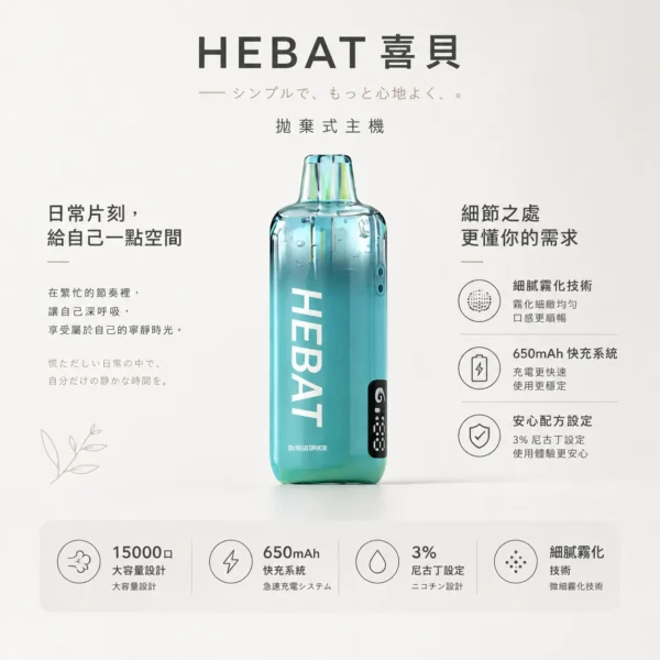 ChatGPT-Image-2026年8月22日-下午07_33_56.webp Hebat喜貝 15000口拋棄式電子煙 隨身大口數設備 650mAh極速快充穩壓續航 台灣現貨