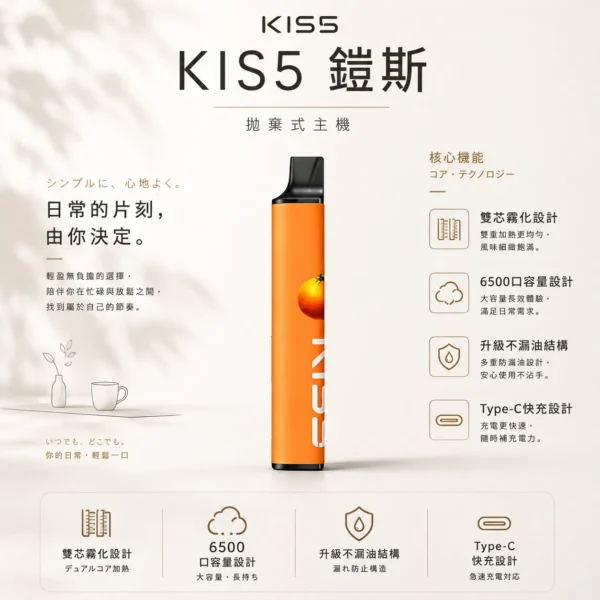 ChatGPT-Image-2026年8月23日-下午03_43_49.webp KIS5鎧斯 6500口拋棄式電子煙 隨身雙芯磁吸設備 升級不漏油 Type-C快充 全台現貨