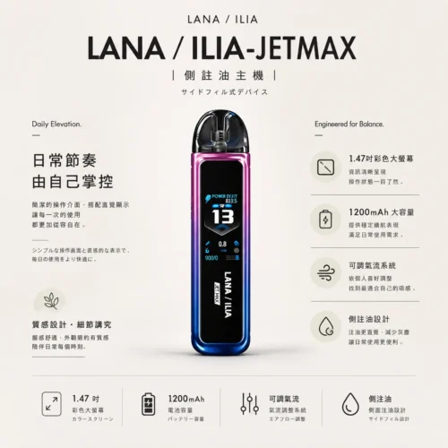 ChatGPT-Image-2026年8月23日-下午04_33_39.webp 【買1贈煙油】LANA/ILIA-JETMAX聯名側注油主機套裝 1.47吋彩螢幕 可調氣流口感天花板定位 台灣現貨