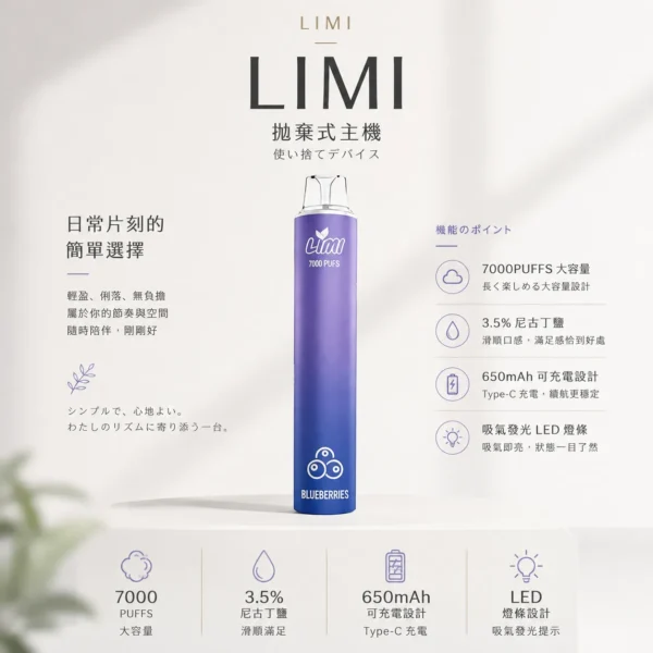 LIMI 冰感水果系列 7000口 炫彩吸氣發光視覺設計 結合可充電大電量與高解析清涼口感