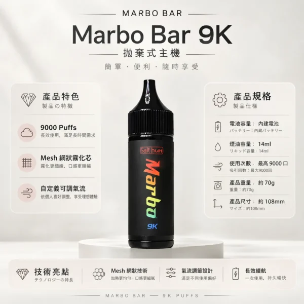 ChatGPT-Image-2026年8月23日-下午05_47_40.webp Marbo Bar 9000口拋棄式電子煙 650mAh電池 14ml油艙 Mesh網狀芯 Type-C快充 台灣現貨