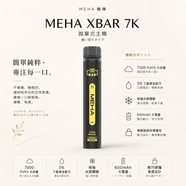 魅嗨 MEHA XBAR 小黑條 7000口 採用 Mesh 網綿芯霧化技術 與 Type-C 快充 打造極強冰感細膩口感