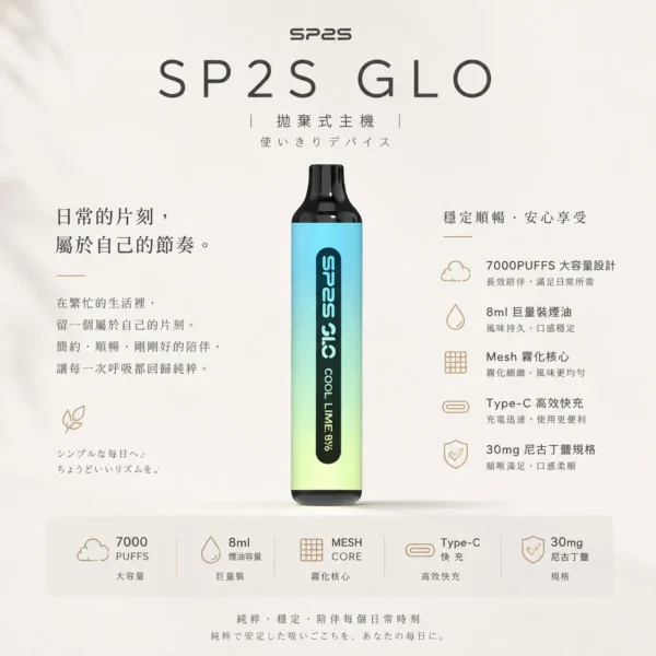 SP2S GLO 7000口拋棄式電子煙 隨身大容量設備 8ml巨量裝 Mesh霧化核心 台灣現貨速發