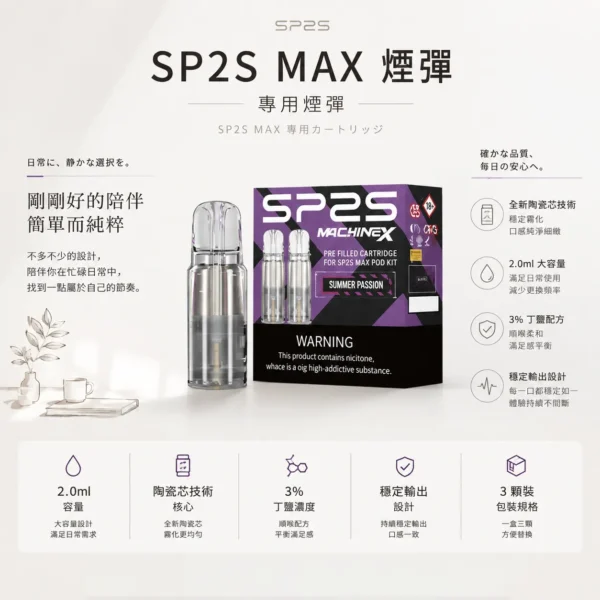 【買5盒送專用主機】相容SP2S思博瑞MAX專用主機 SP2S MAX 2.0ml陶瓷芯替換煙彈三顆裝 台灣現貨