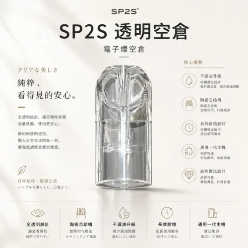 ChatGPT-Image-2026年8月25日-下午07_16_11.webp SP2S 透明空倉 一代通用霧化空煙彈 全透明可視化隨時查看殘油 順滑擊喉感