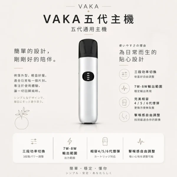 VAKA五代通用主機 三段功率7W-8W自由切換 廣泛相容多代煙彈高規格定位 台灣現貨