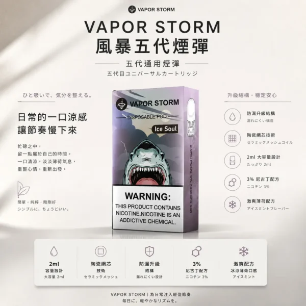 ChatGPT-Image-2026年8月25日-下午10_07_26.webp VAPOR STORM 風暴五代煙彈 採用 Ceramic Mesh 陶瓷網芯霧化技術 與 2ml 油艙 帶來激爽配方與極致濃郁體驗